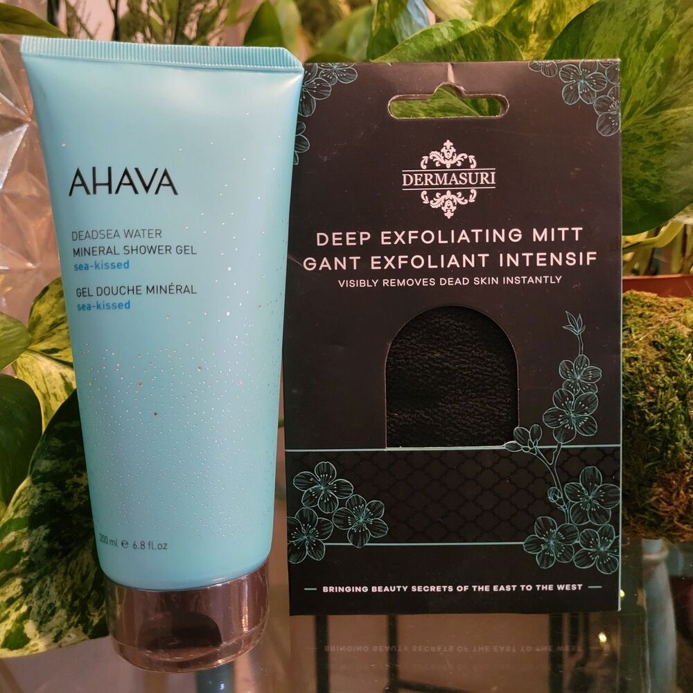 Dermasuri Deep Exfoliating Mitt Body Scrub Scrubber AHAVA Mineral Shower Get Set